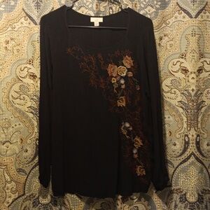 J.Jill Long Sleeved Floral Embroidery Scopp Neck Blouse